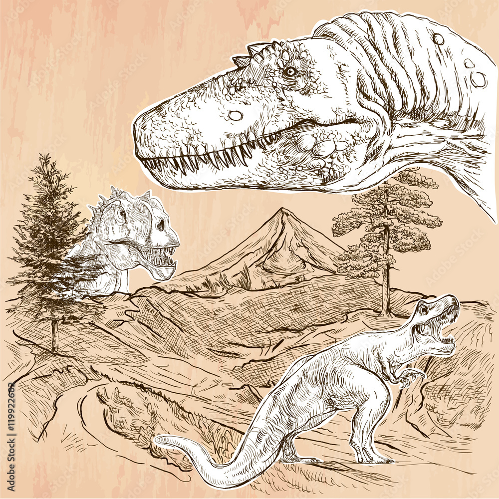 Dinosaurs - An hand drawn vector. Line art. Stock Vector | Adobe Stock