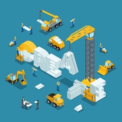 Canvas Print - isometric 3d building business idea, creative, create. working people in the construction work. deve