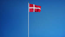 Denmark Flag Waving Against Clean Blue Sky, Long Shot, Isolated With Clipping Path Mask Alpha Channel Transparency