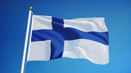 Finland flag waving against clean blue sky, close up, isolated with clipping path mask alpha channel transparency