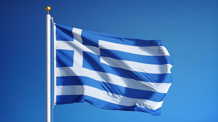 Greece flag waving against clean blue sky, close up, isolated with clipping path mask alpha channel transparency