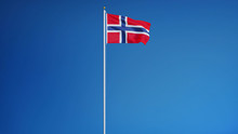 Norway Flag Waving Against Clean Blue Sky, Long Shot, Isolated With Clipping Path Mask Alpha Channel Transparency