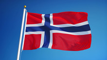 Norway Flag Waving Against Clean Blue Sky, Close Up, Isolated With Clipping Path Mask Alpha Channel Transparency