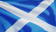 Scotland Flag Waving Against Clean Blue Sky, Close Up, Isolated With Clipping Path Mask Alpha Channel Transparency