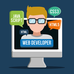 computer gears man boy glasses developer web responsive development website programming icon set. Colorful design. Vector illustration