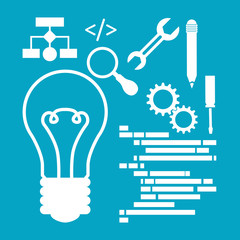 bulb tools developer web responsive development website programming icon set. Blue design. Vector illustration