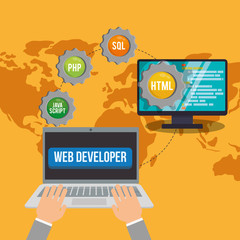 laptop computer gear map developer web responsive development website programming icon set. Colorful design. Vector illustration