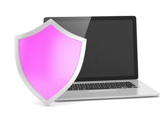 Laptop and shield on white, computer security concept. 3d rendering.