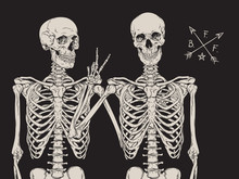 Human Skeletons Best Friends Posing Isolated Over Black Background Vector