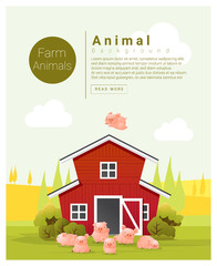 Wall Mural - Rural landscape and farm animal background with pig , vector , illustration