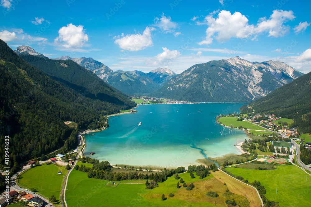 Achensee, bird view / Aerial view from Achensee in Tyrol (Austria) - obrazy, fototapety, plakaty 