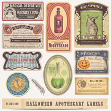 Collection Of Funny Vintage Halloween Apothecary Labels - Vector Designs