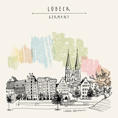 Wall Mural - Hanseatic city of  Lubeck, Germany, Europe. Riverside. Historic buildings, trees, river Trave. Freehand drawing. Travel sketch. Vintage touristic postcard, poster or book illustration