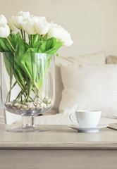 Wall Mural - Coffee cup on table with Flowers Sofa Pillows Home decoration 