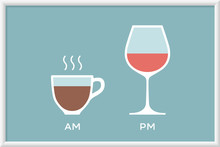 Cup Coffee And Glass Wine In Cafe With Symbol Defferent Time