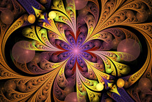 Abstract Floral Ornament On Black Background. Computer-generated Fractal In Orange, Yellow, Green, Red, Violet And Brown Colors.