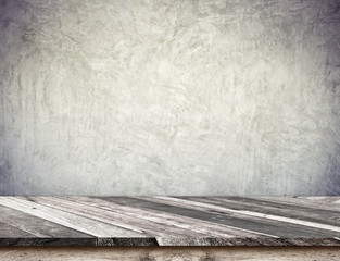 Wall Mural - empty diagonal wood plank table top with grunge concrete wall,mo