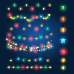 Wall Mural - christmas string lights vector illustration. fairy xmas hanging lighting background