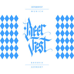 Wall Mural - Oktoberfest card with handwritten inscription Beer Fest. Hand drawn lettering in national german style with blue rhombus. Vector illustration.