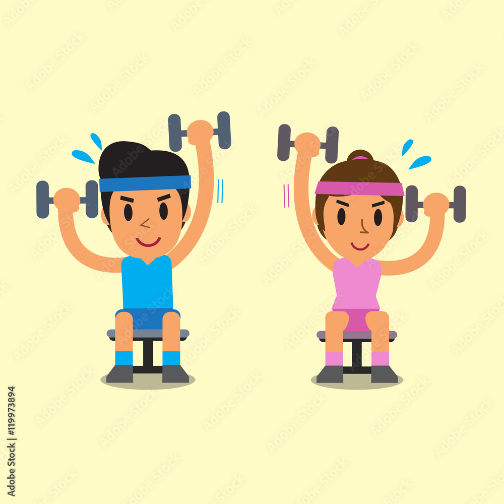 Cartoon man and woman doing alternate seated dumbbell press exercise ...