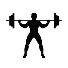 Man Doing Weight Lifting. Isolated Black Silhouette Of A Man Doing Weight Lifting On White Background. Healthy Lifestyle.