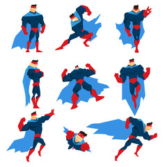 Sticker - Superhero With Blue Cape In Different Comics Classic Poses Stickers