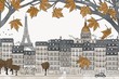 Paris in autumn - hand drawn colorful illustration of the city with yellow maple branches