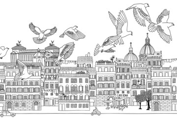 Sticker - Rome, Italy - hand drawn black and white cityscape with birds