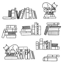 Hand Drawn Book Stacks With Cute Sleeping Cat