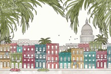 Havana, Cuba - Hand Drawn Colorful Illustration Of The City With Green Palm Tree Branches