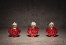Toy Figurines Holding Red Heart. Wooden Figures With Cute And Funny Symbol Of Love. Concept Of Romantic Feelings, Affection And Valentine Celebration.