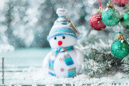 Christmas Background With Decorations On Wooden Board Soft Focus