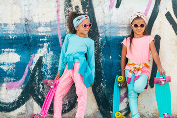 Colorful children with skateboards