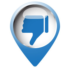 Map pin symbol with Thumb Down icon. Blue symbol on white backgr