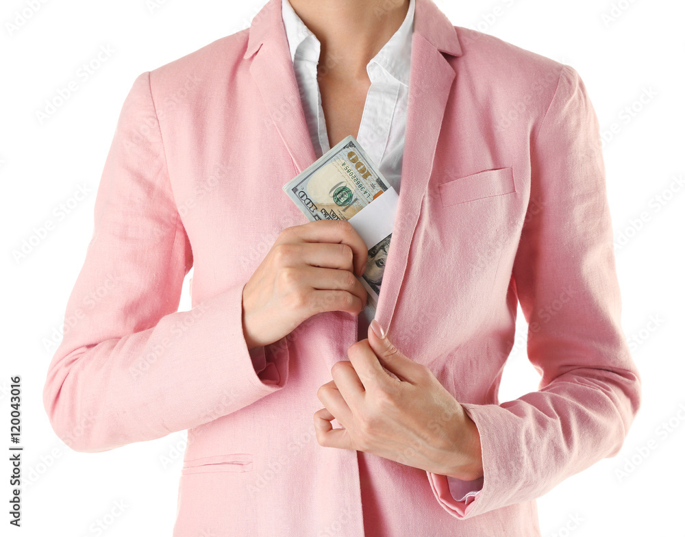 Woman with money on white background