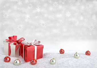 Wall Mural - Christmas gift box and balls on snow.3D render