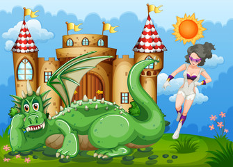 Sticker - Superhero and green dragon at castle