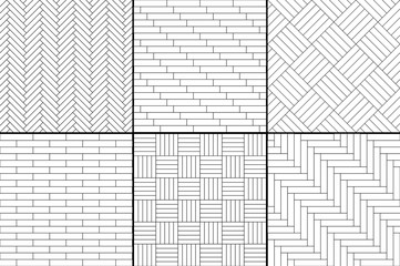 Black and white simple wooden parquet floor set - herringbone, stripes, squares seamless patterns, vector
