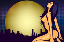 Naked Woman Near The Window With Night City View, Design Vector Template