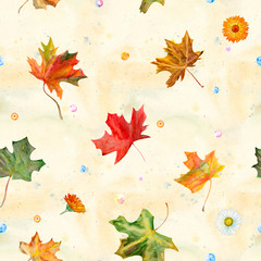 watercolor seamless pattern with colorful autumn maple leaves and flowers chamomile, calendula, on g