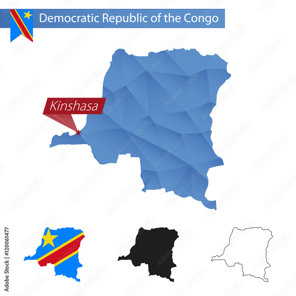 Democratic Republic of the Congo blue Low Poly map with capital Stock ...
