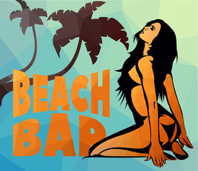 Wall Mural - Vector beach bar banner with a palm trees and sexy bikini lady polygons flat style