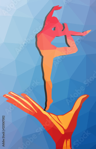Obraz w ramie The arm on the polygonal background with jamping girl