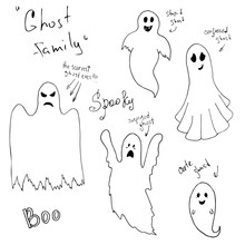 Set Of Hand Drawn Ghost Family  In Doodle Style. 
