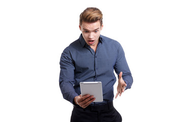 Wall Mural - Young Man Using Digital Tablet Isolated On White Background