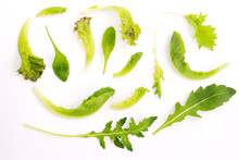 Fresh Green Baby Leaves Of Endive, Rocket And Lettuce Salad Isolated On White Background