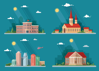 Icons, school, church, university, city. Flat style vector illus