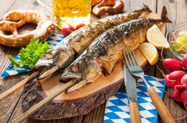 Wall Mural - Grilled mackerel fish with beer and pretzel