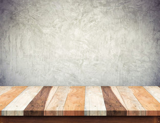 Wall Mural - empty brown wood plank table top with grunge concrete wall,mock