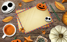 Halloween Concept, Postcard, Coffee Cup And Pumpkin On Old Wooden Table Background. Over Light And High Contrast